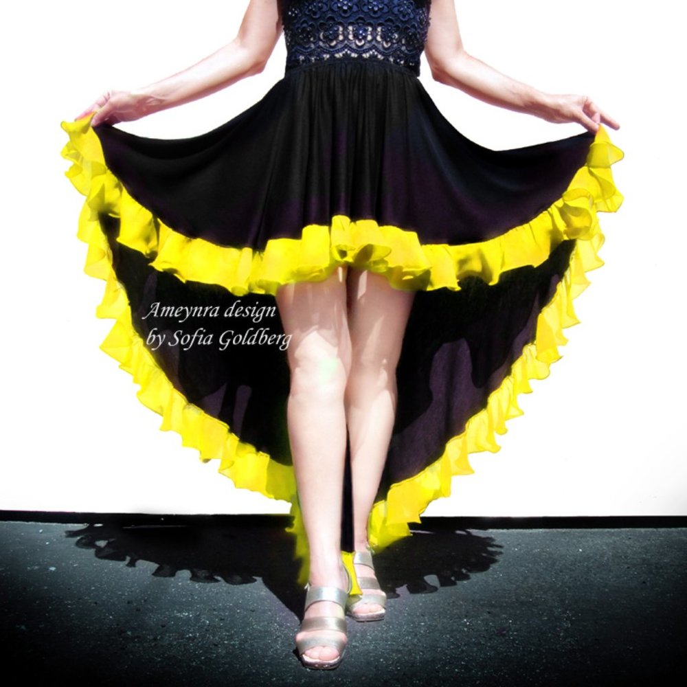 Ameynra high low skirt black rayon with yellow chiffon ruffle